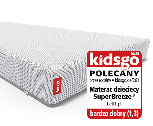 Materac dziecięcy Superbreeze z logo KidsGo i oceną "bardzo dobry".