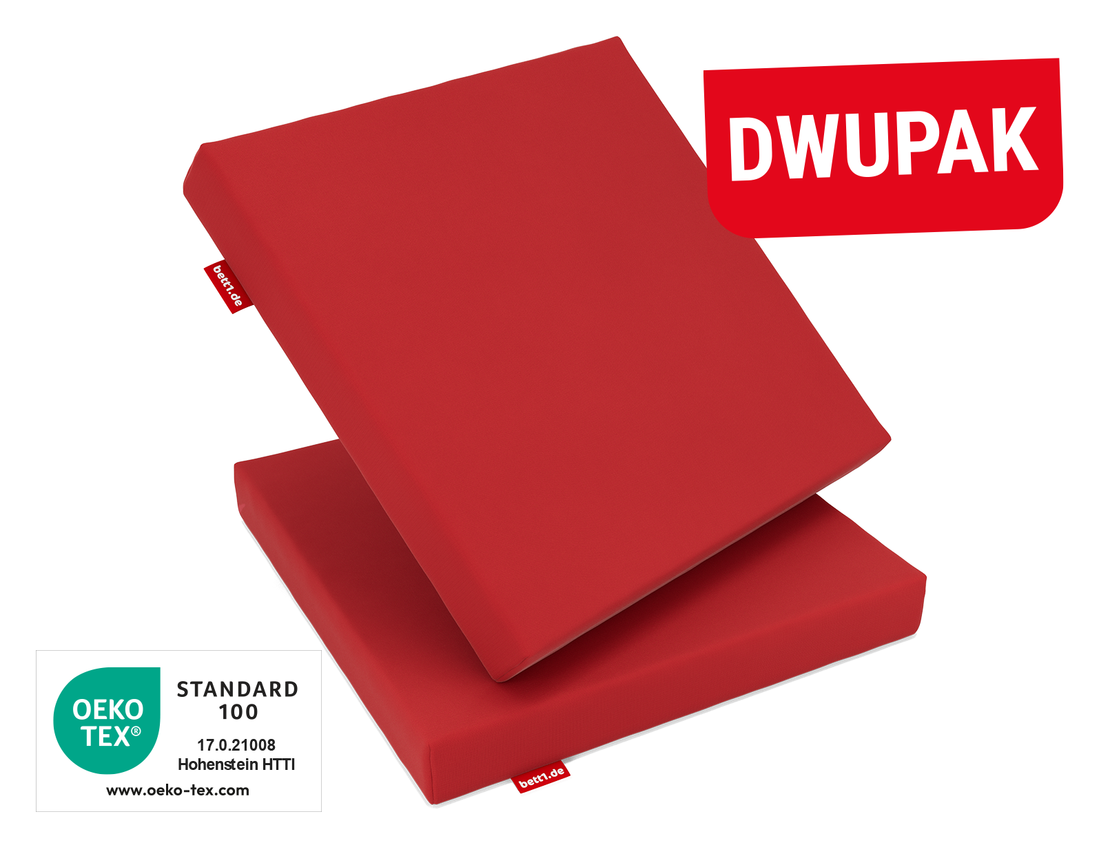 Dwie czerwone poduszki do siedzenia RAINGUARD – jedna ustawiona pionowo, druga leżąca. Tekst: Dwupak. Oznaczenie: Oeko-Tex