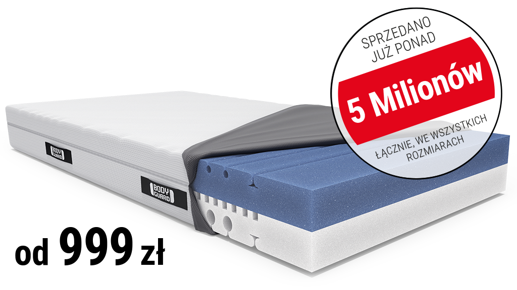 Materac BODYGUARD z rozpiętym pokrowcem. Obok cena: od 999 zł.