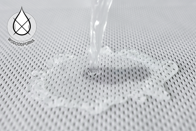 Nakładka higieniczna BODYGUARD. Zbliżenie na strumień wody spadający na jej powierzchnię. Obok symbol przekreślonej kropli oraz napis: wodoodporna.