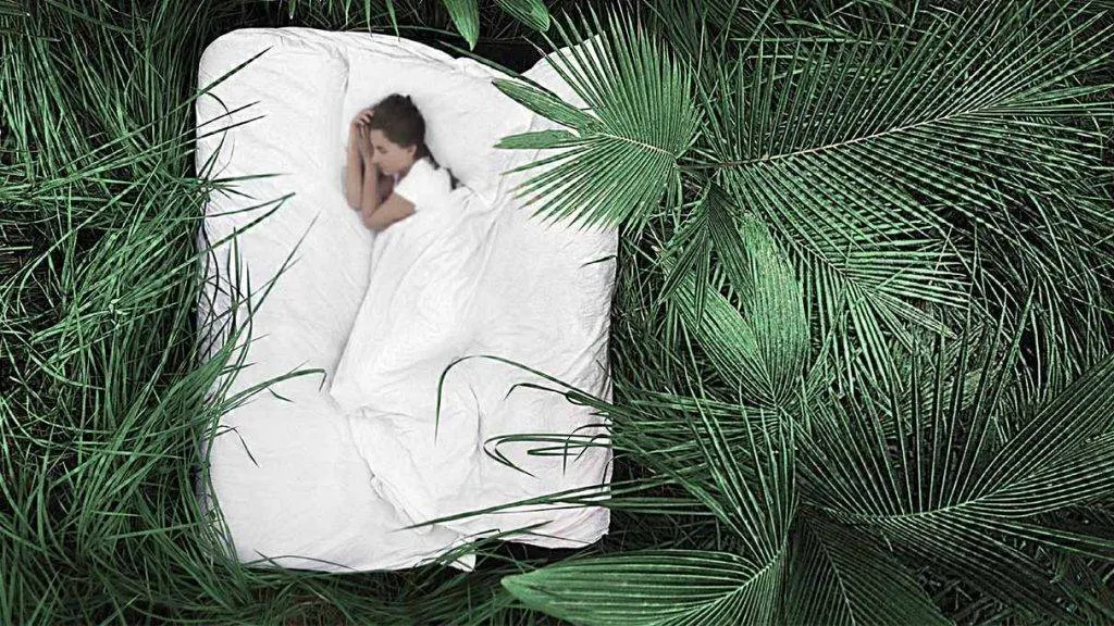 Osoba śpiąca na materacu w dżungli, ujęcie z góry.