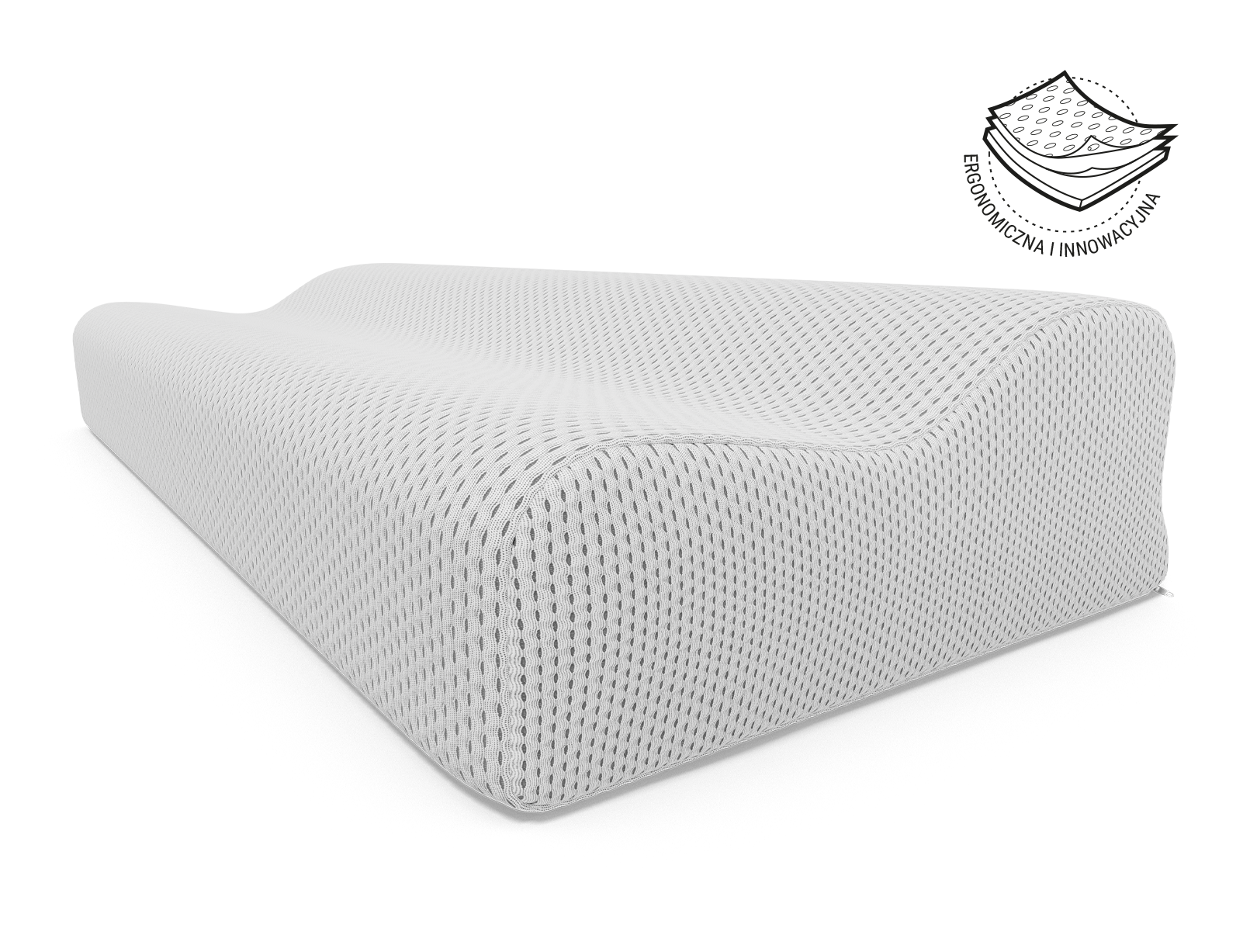 Ukazana pod kątem poduszka ergonomiczna. W prawym górnym rogu ikonka przedstawiająca strukturę materiałową poduszki.