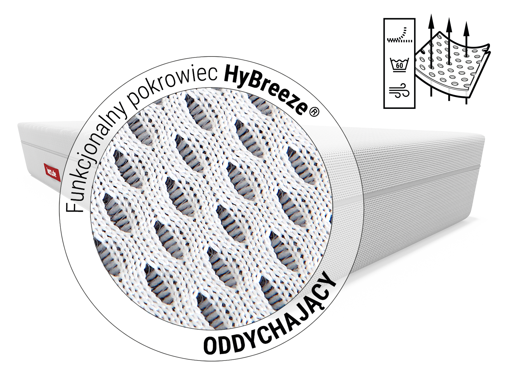 Zdjęcie przedstawiające materac Matelas Flip® z powiększeniem oddychającego pokrowca funkcjonalnego HyBreeze®, ukazującym jego przewiewną strukturę.