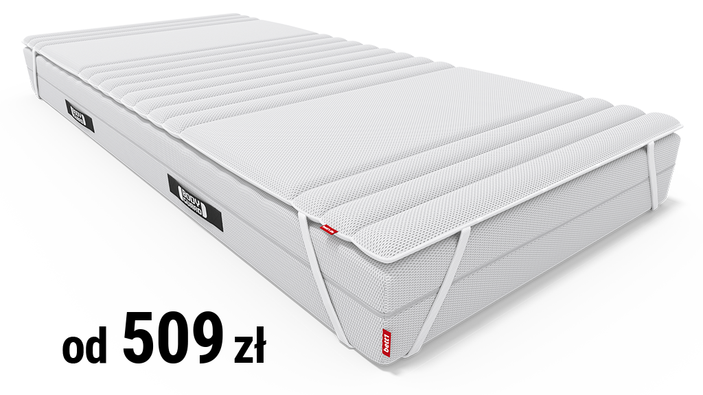 Topper na nałożony na materac. Obok cena: od 449 zł.