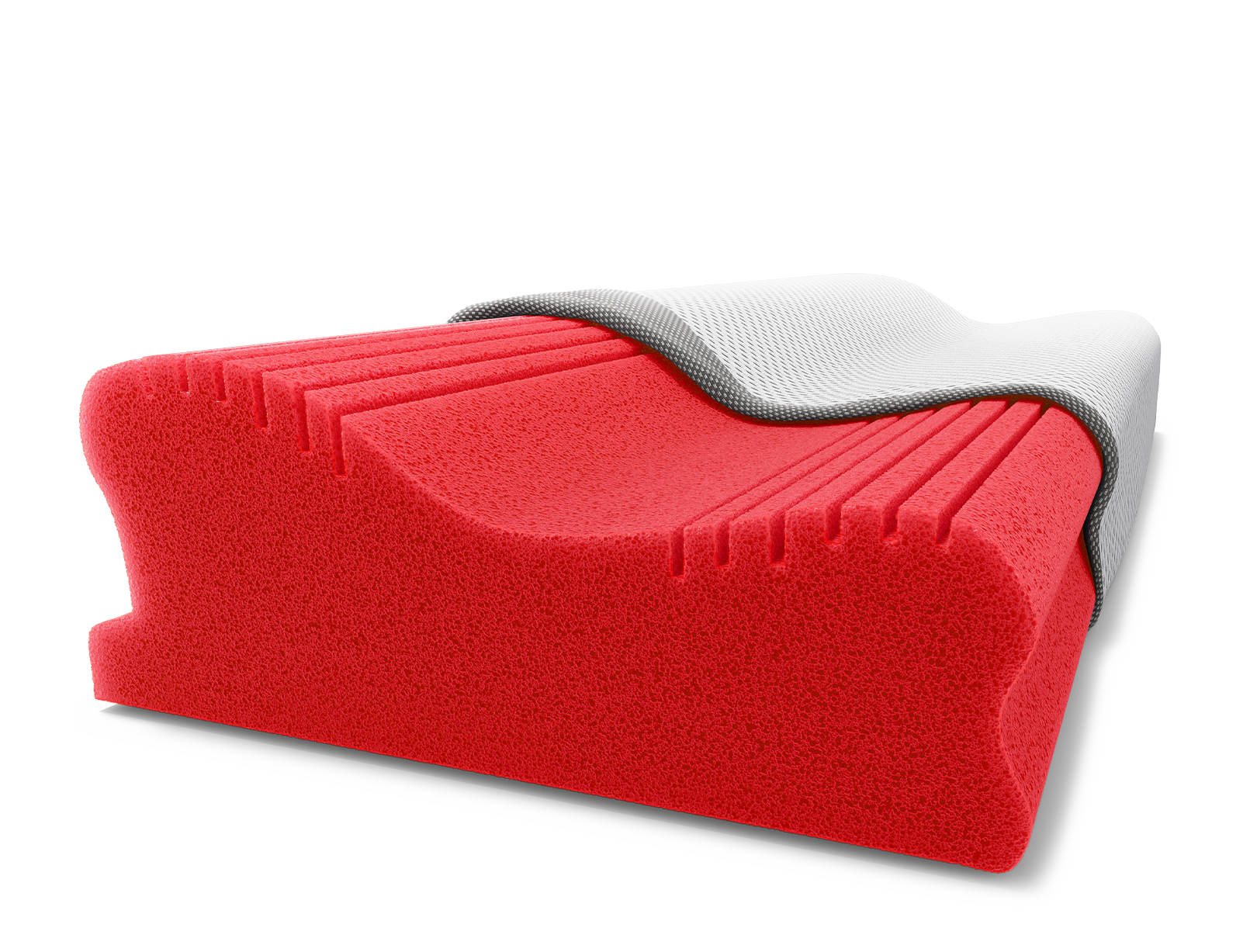 Poduszka ergonomiczna z widocznym czerwonym rdzeniem i ściągniętym do połowy pokrowcem. W górnym prawym rogu trzy warstwy materiału i napis: ergonomicznai innowacyjna.
