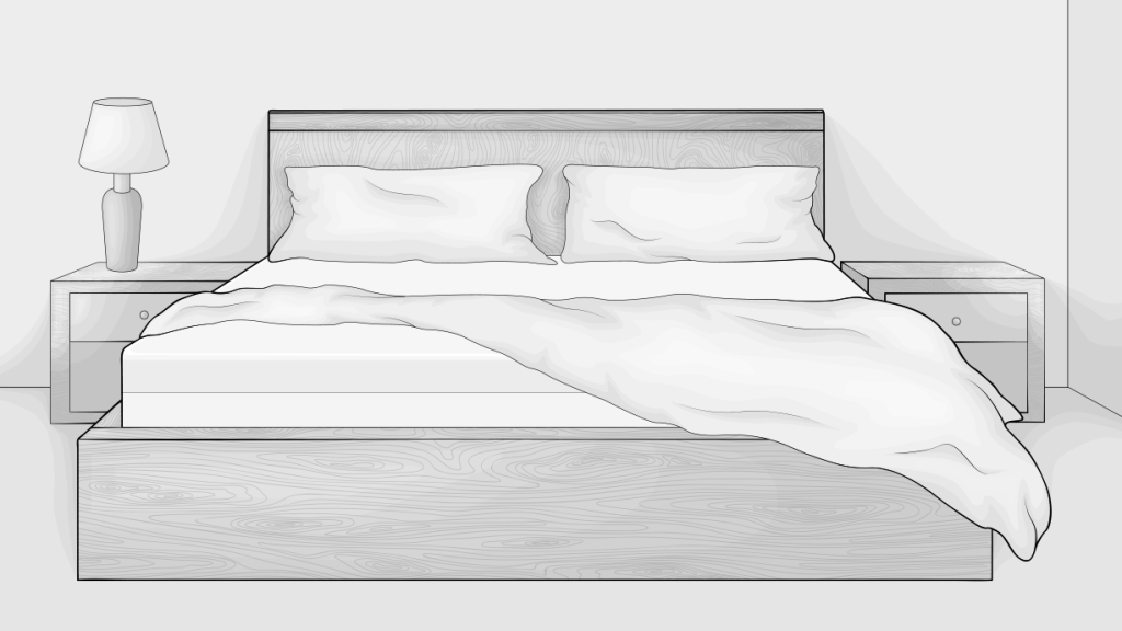 Dwuosobowe łóżko z dwoma poduszkami. Dwie szafki nocne po obydwu stronach.