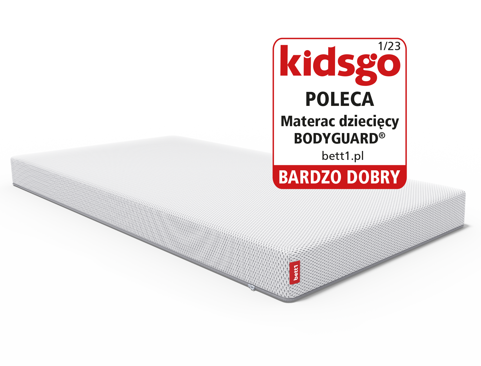 Materac dziecięcy BODYGUARD z logo KidsGo i oceną "bardzo dobry".