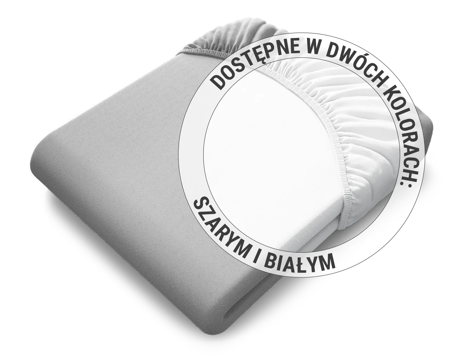 Złożone prześcieradło w kolorze szarym z napisem "dostępne w dwóch kolorach: szarym i białym".