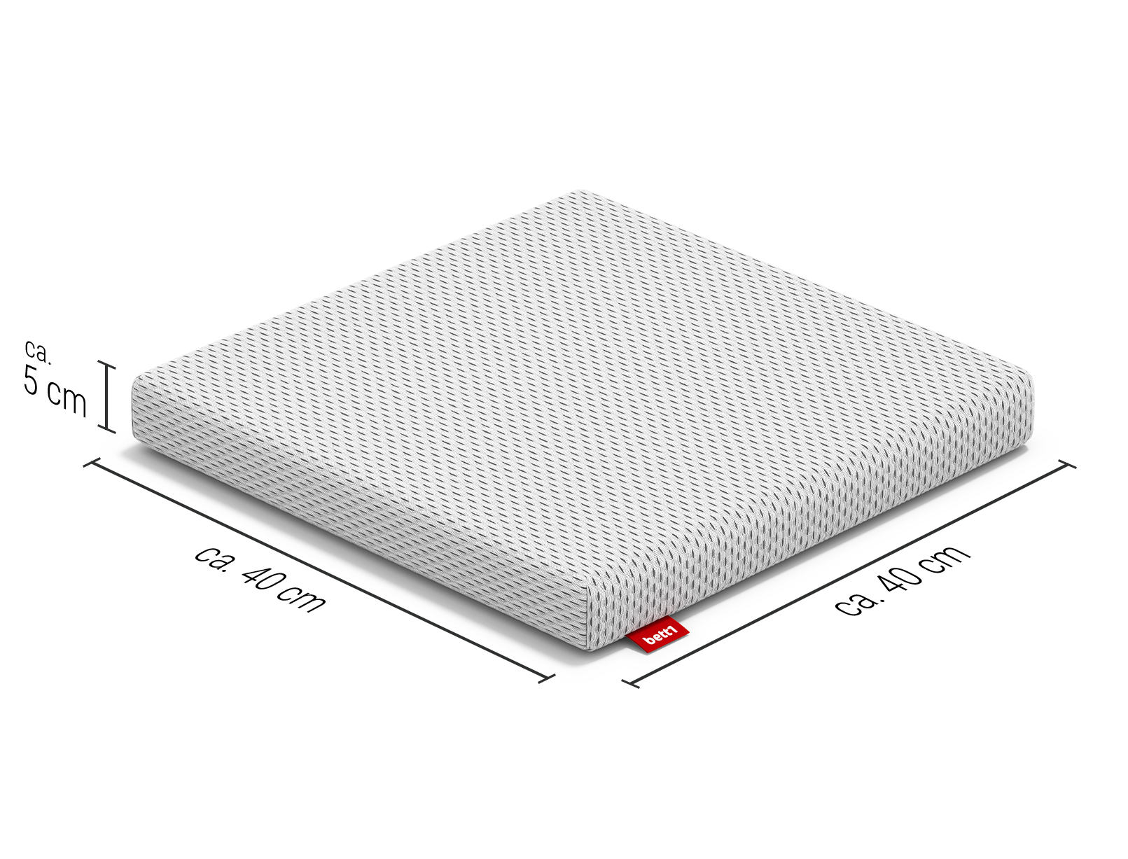Poduksza BODYGUARD do siedzenia z ukazanymi wymiarami: po bokach napis ca. 40 cm, wysokość oznaczona po lewej stronie ca. 5 cm.