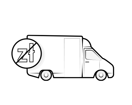 Samochód ciężarowy z przekreślonym symbolem złotówki symbolizujący darmową dostawę.