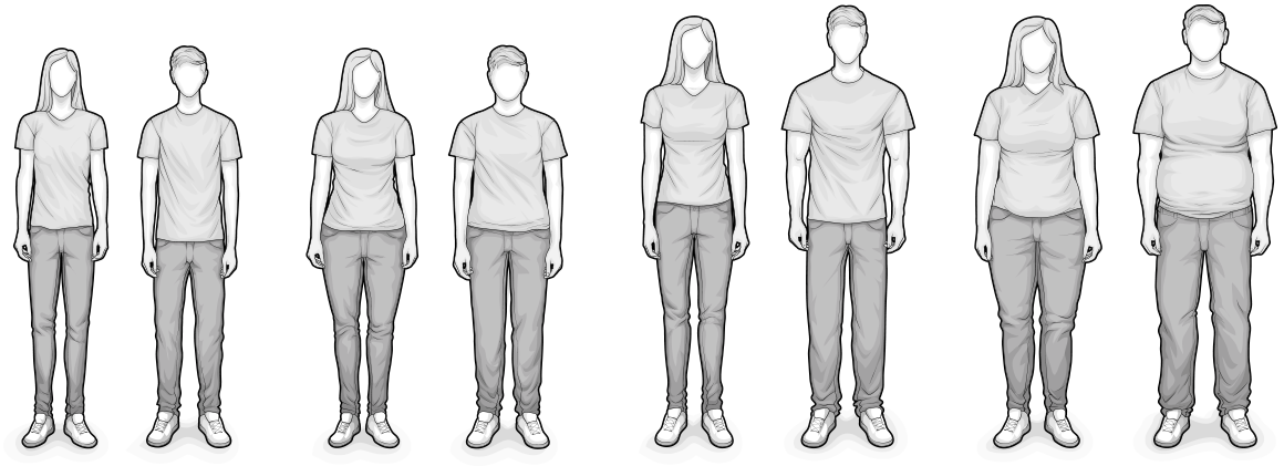 Illustration: acht Personen mit unterschiedlichen Körperformen und -größen.