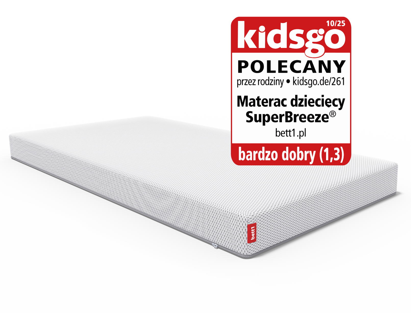 Materac dziecięcy Superbreeze z logo KidsGo i oceną "bardzo dobry".