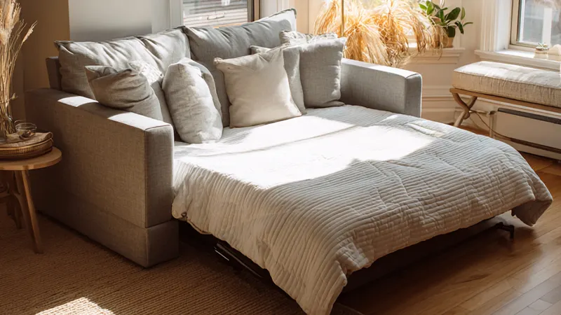 Fragment pokoju gościnnego z rozłożoną sofą, narzutą i poduszkami.