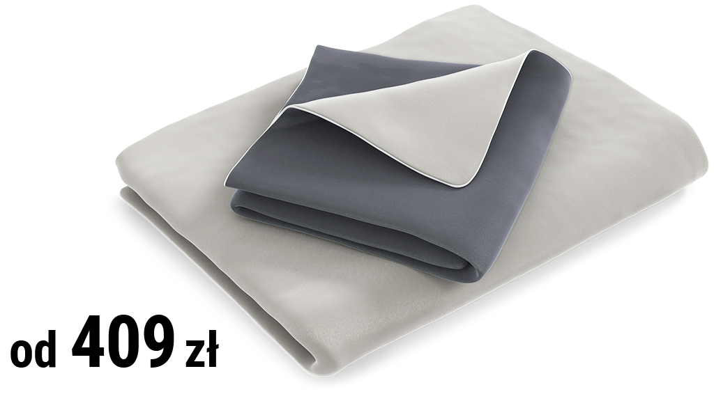 Złożona w kostkę pościel satynowa. Napis: od 409 zł.