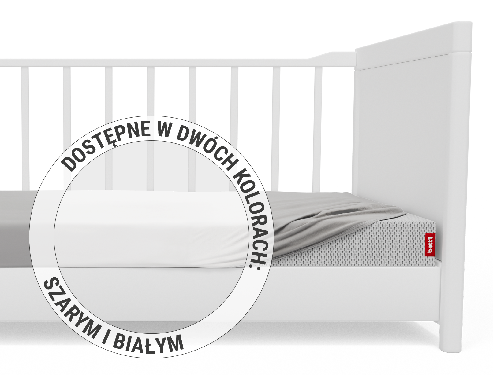 Łóżeczko dziecięce z materacem dziecięcym BODYGUARD i częściowo nałożonym szarym prześcieradłem dziecięcym. Napis w okręgu: "Dostępne w dwóch kolorach: szarym i białym".