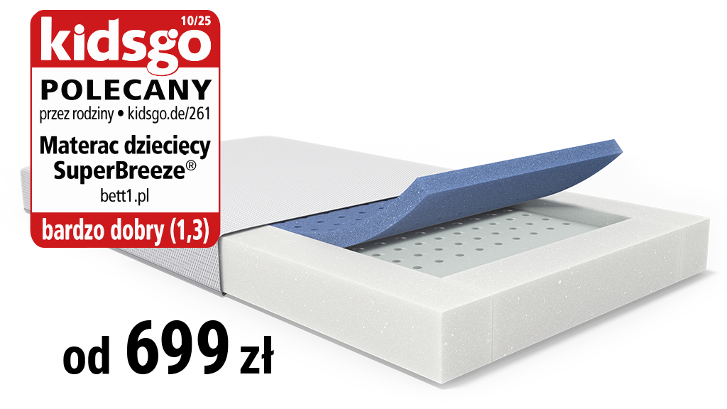 Materac dziecięcy z wyciągnietym do połowy rdzeniem. obok cena: od 699 zł. oraz odznaka KidsGo