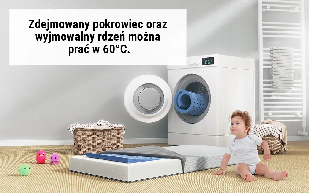 Dziecko obok materaca i pralki. Tekst: Zdjemowany pokrowiec oraz wyjmowalny rdzeń można prać w 60 stopniach.