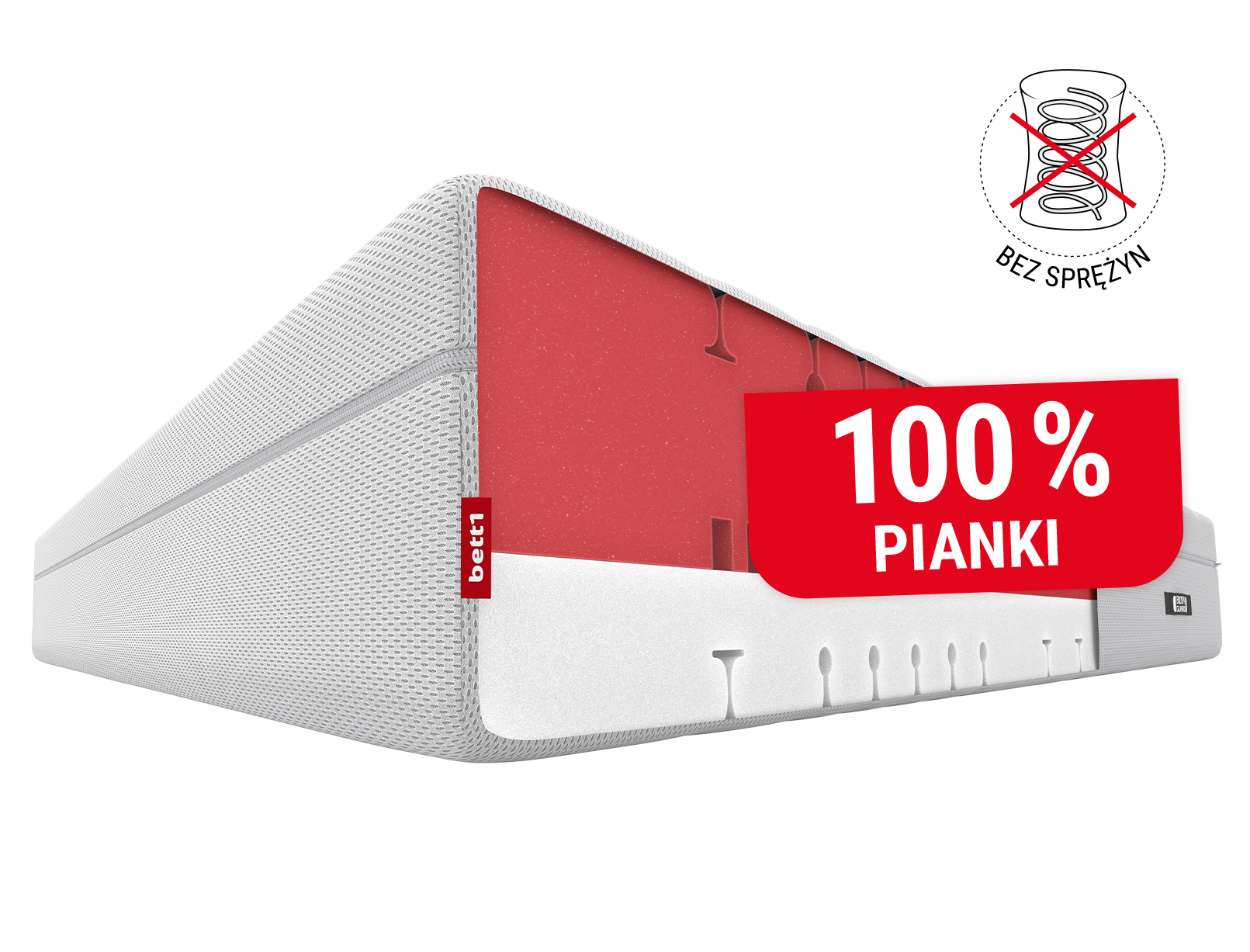 Przekrój miękkiego materaca BODYGUARD z widocznymi dwoma stronami w kolorach czerwonym i białym. Napis "100% pianki". W lewym górnym rogu symbol przekreślonej sprężyny oraz napis "bez sprężyn".