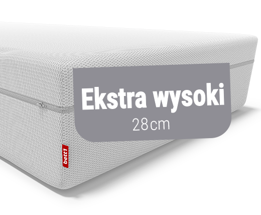 Przekrój miękkiego materaca BODYGUARD z widocznymi dwoma stronami w kolorach czerwonym i białym. Napis "100% pianki". W lewym górnym rogu symbol przekreślonej sprężyny oraz napis "bez sprężyn".