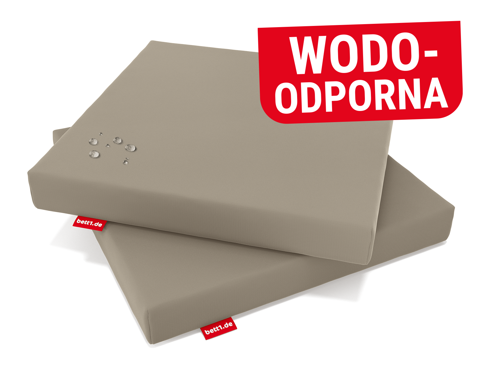 Dwie beżowe poduszki do siedzenia RAINGUARD ułożone jedna na drugiej. Na górnej powierzchni krople wody spływające po materiale. Tekst: Wodoodporne