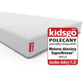 Fragment materaca dziecięcego SuperBreeze z odznaką KidsGo i oceną Bardzo Dobry.
