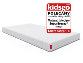Materac dziecięcy Superbreeze z logo KidsGo i oceną "bardzo dobry".