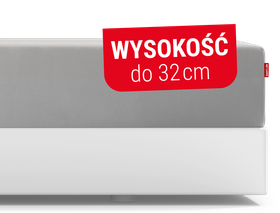 Fragment łóżka z materacemi nałożonym prześcieradłem. Tekst: wysokość do 32 cm.