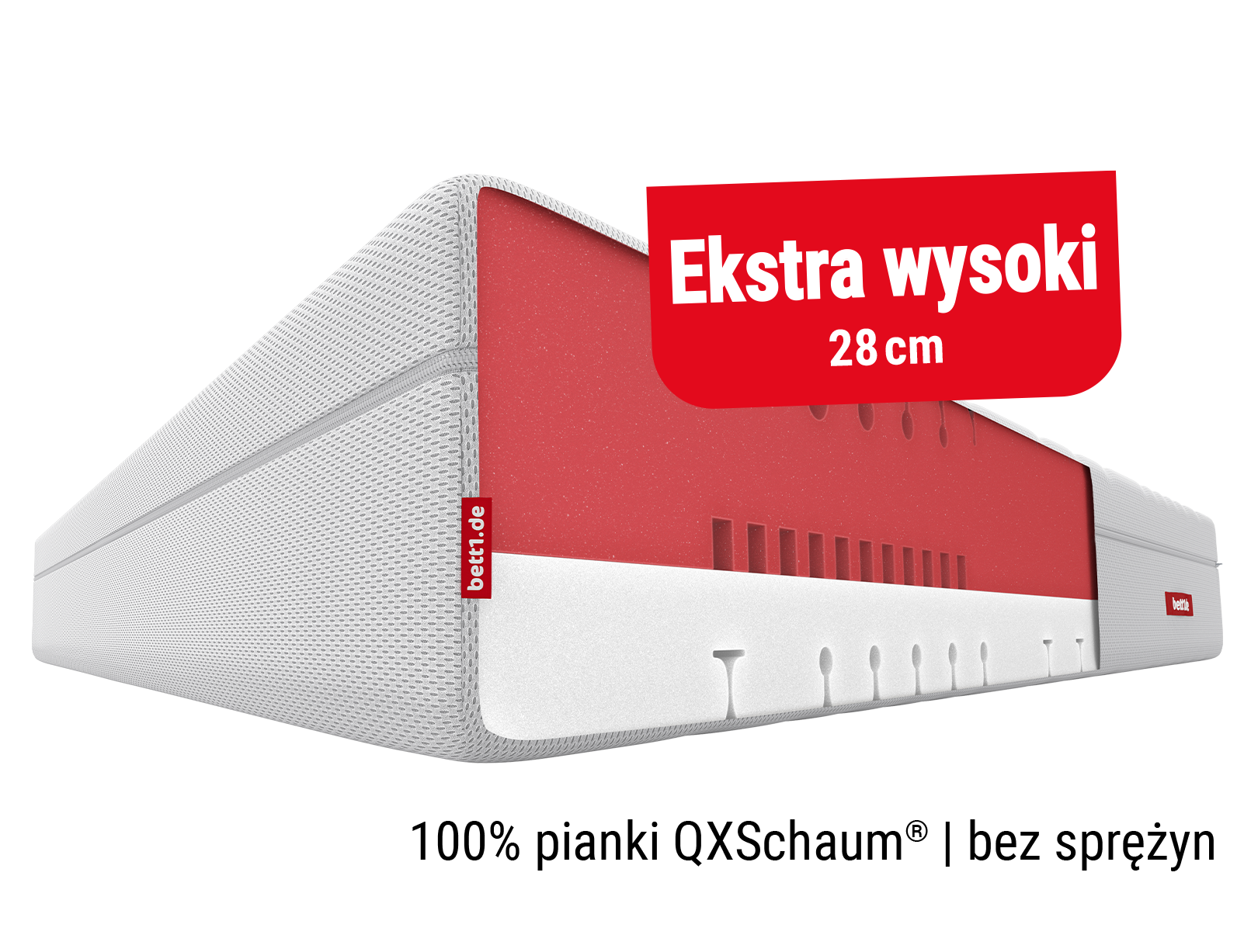 Miękki materac FLIP ukazany z boku z widocznym rdzeniem oraz napis: 100% pianki