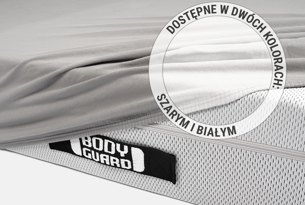 Fragment materaca BODYGUARD z częściowo nałożonym szarym prześcieradłem na gumce. Po prawej stronie okrąg z napisem "dostępne w dwóch kolorach: szarym i białym".