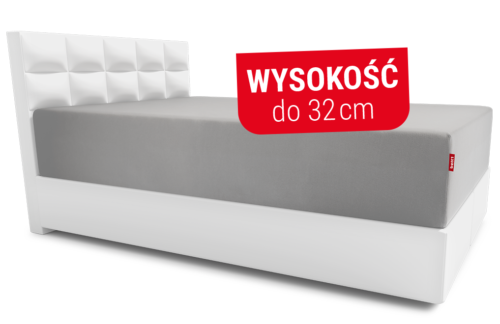 Łóżko z materacem FLIP na który nałożone jest wysokie prześcieradło z gumką. Biały napis na czerwonym tle: wysokość do 32 cm.