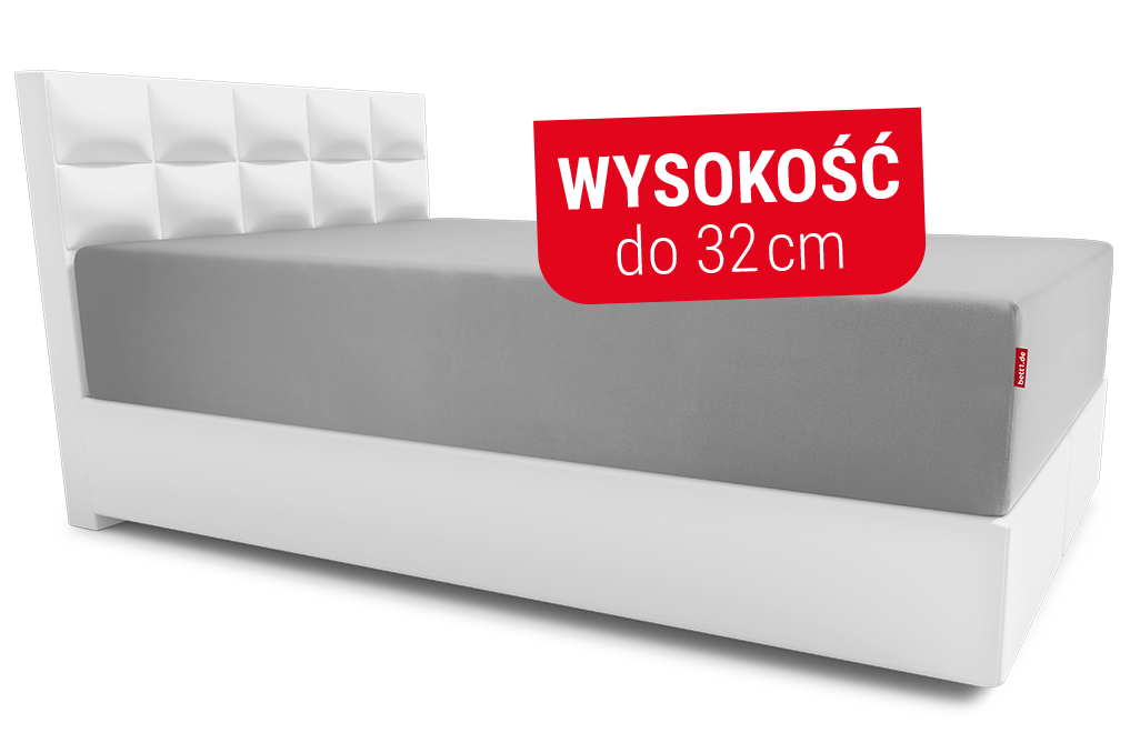 Łóżko z materacem FLIP na który nałożone jest wysokie prześcieradło z gumką. Biały napis na czerwonym tle: wysokość do 32 cm.