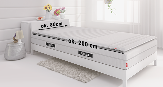 Zdjęcie sypialni z łóżkiem i oznaczonymi na materacu wymiarami: ok. 80 cm szerokości i ok. 200 cm długości. Obok łóżka okno przesłoniętę firaną.
