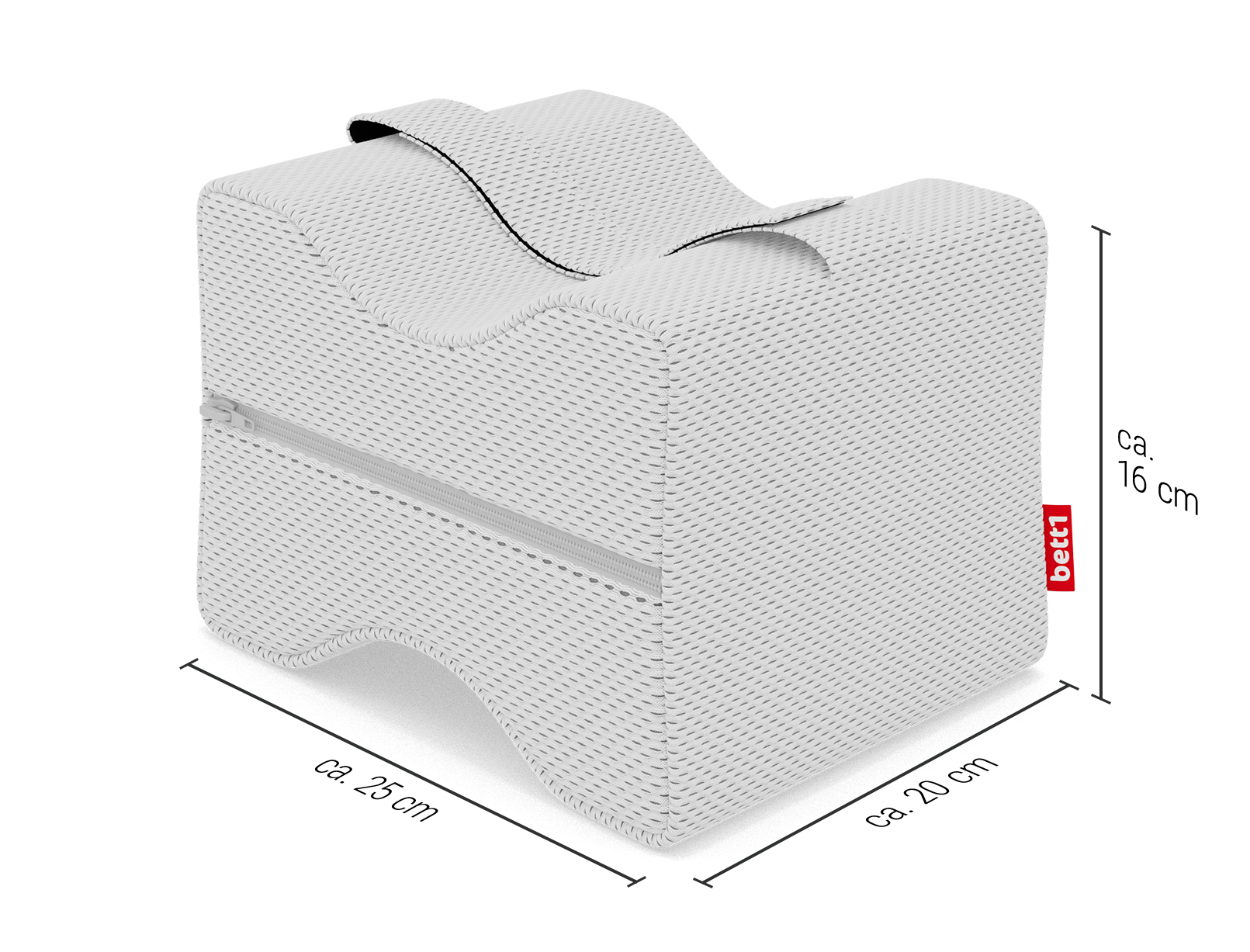 Poduszka kolanowa z pokazanymi wymiarami: wysokość 1 cm, szerokość 20 cm i długość 25 cm.