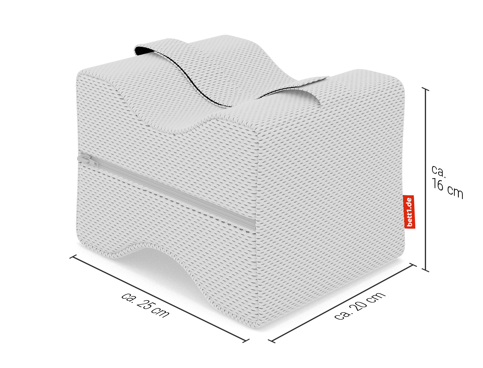 Poduszka kolanowa z pokazanymi wymiarami: wysokość 1 cm, szerokość 20 cm i długość 25 cm.