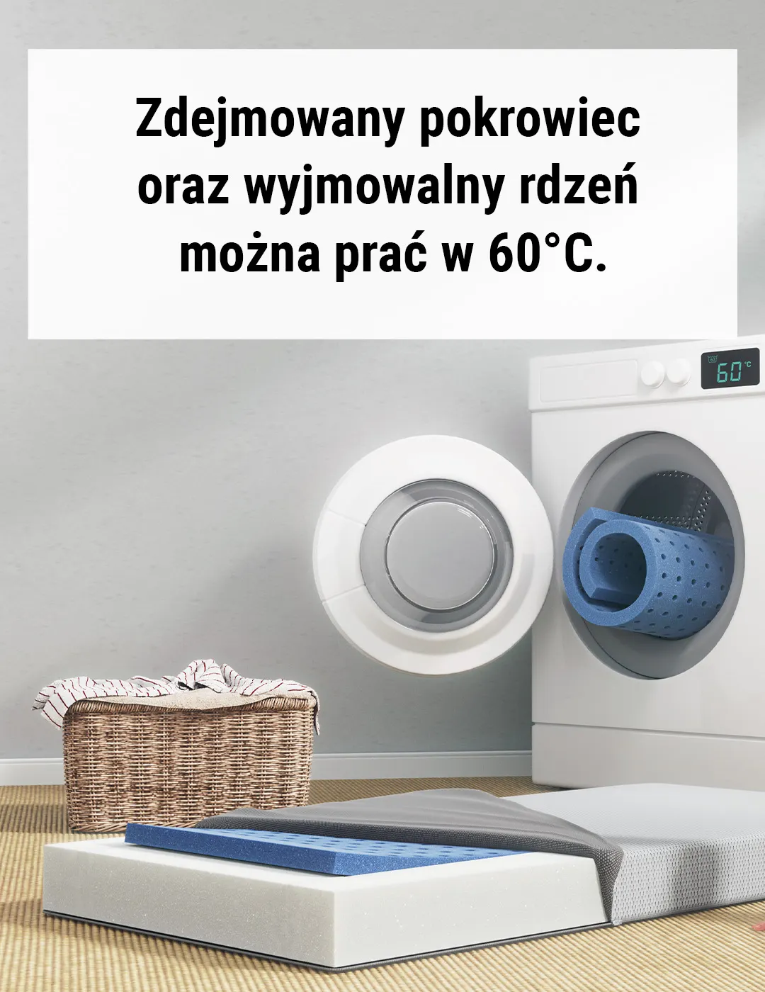Materac i pralka. Tekst: Zdjemowany pokrowiec oraz wyjmowalny rdzeń można prać w 60 stopniach.