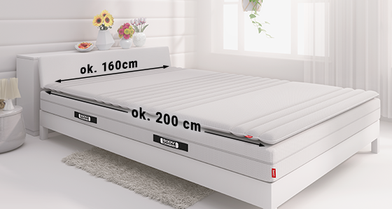 Zdjęcie sypialni z łóżkiem i oznaczonymi na materacu wymiarami, ok. 160 cm szerokości i ok. 200 cm długości. Obok łóżka okno przesłonięte firankami.