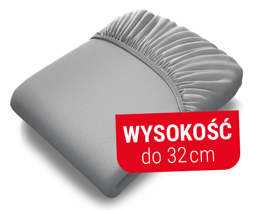 Fragment łóżka z materacemi nałożonym prześcieradłem. Tekst: wysokość do 32 cm.