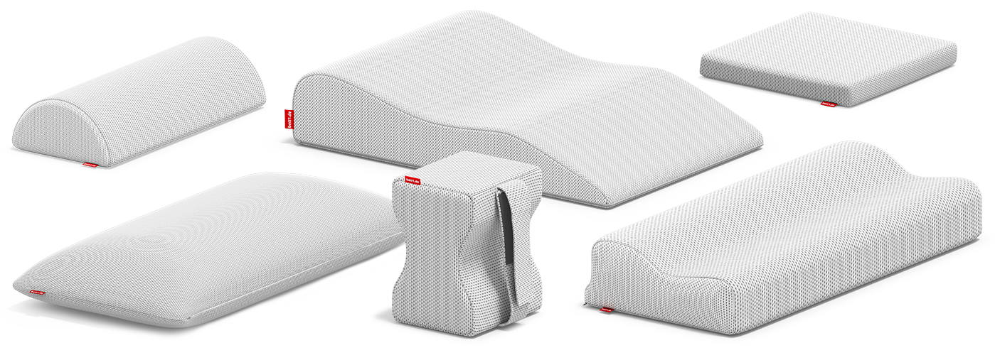 Grafika ukazująca wszystkie poduszki z asortymentu bett1: poduszka wiskoelastyczna mała i duża, poduszka kolanowa, poduszka ergonomiczna, poduszka półrolka oraz poduszka przeciwżylakowa.
