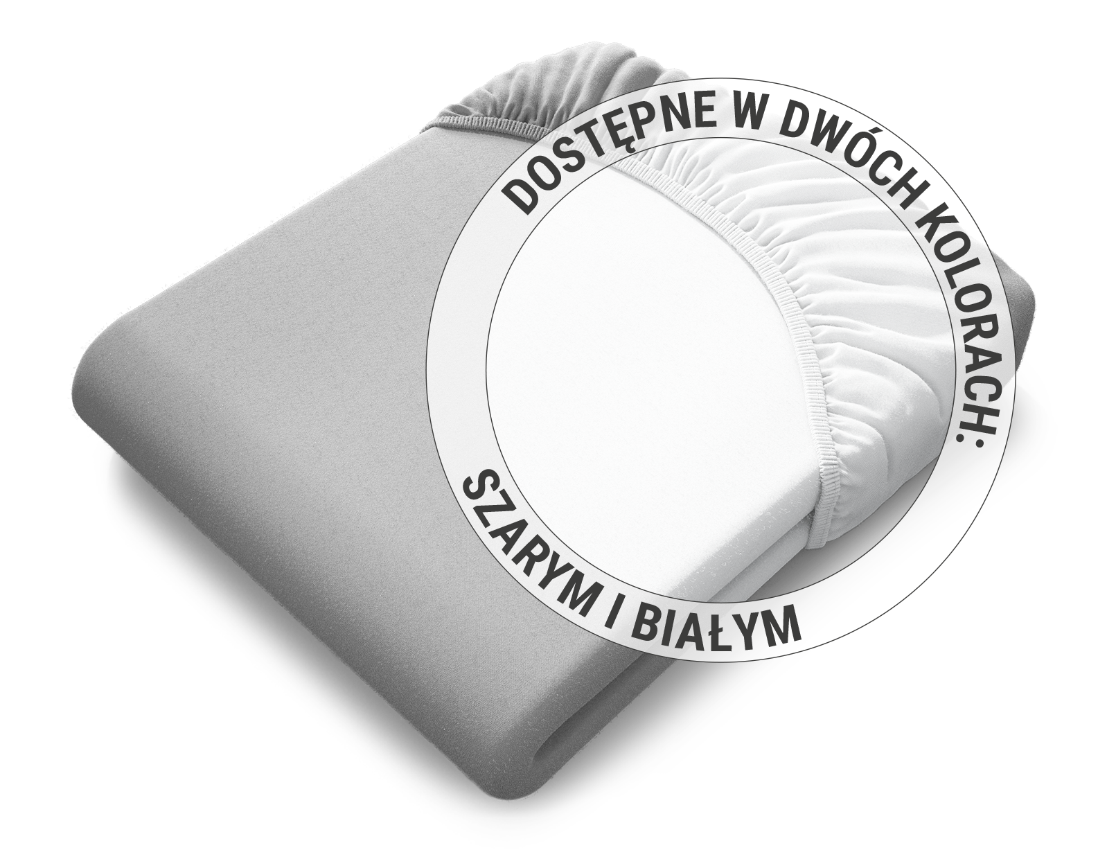 Złożone prześcieradło w kolorze szarym z napisem "dostępne w dwóch kolorach: szarym i białym".