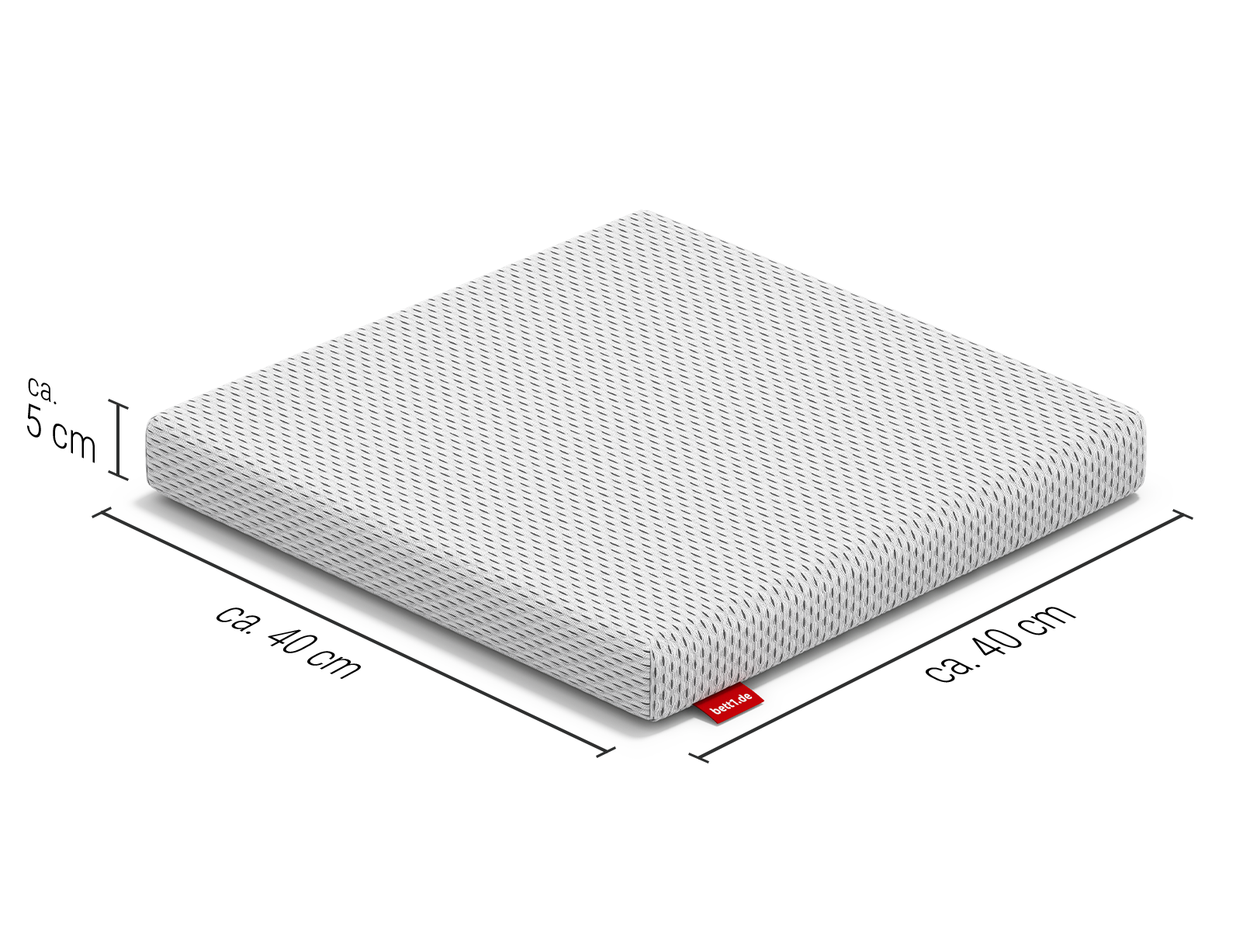 Poduksza BODYGUARD do siedzenia z ukazanymi wymiarami: po bokach napis ca. 40 cm, wysokość oznaczona po lewej stronie ca. 5 cm.
