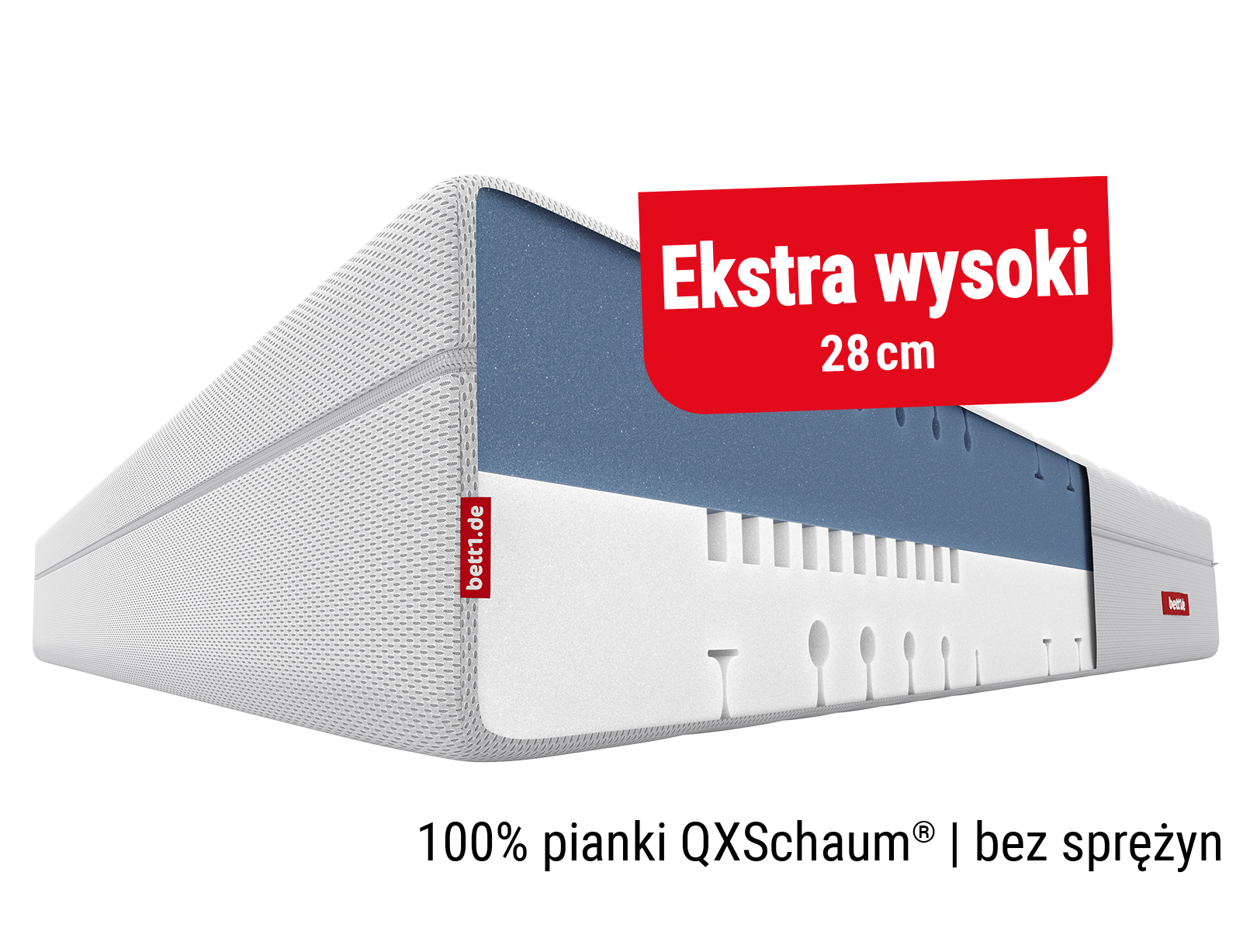 Zdjęcie przekroju materaca Matelas Flip®, ukazujące jego całkowicie piankową konstrukcję bez sprężyn oraz czerwony znak z napisem „100% pianki”.