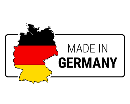 Logo Made in Germany z konturami Niemiec w kolorach niemieckiej flagi.