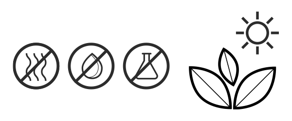 Przekreślone symbole substancji trujących. Obok symbol rośliny oraz słońce. Grafika wskazuje na fakt, że pokrowiec Hybreeze jest nieszkodliwy dla środowiska.