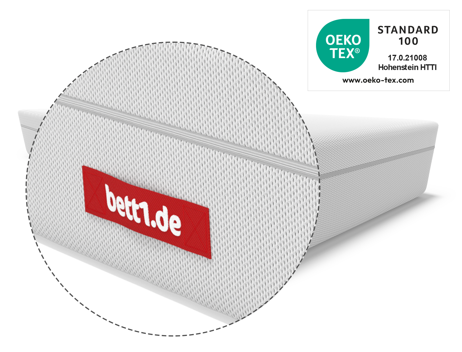 Zdjęcie przedstawiające materac Matelas Flip® z powiększeniem etykiety bett1.de na pokrowcu oraz logo certyfikatu OEKO-TEX® Standard 100.
