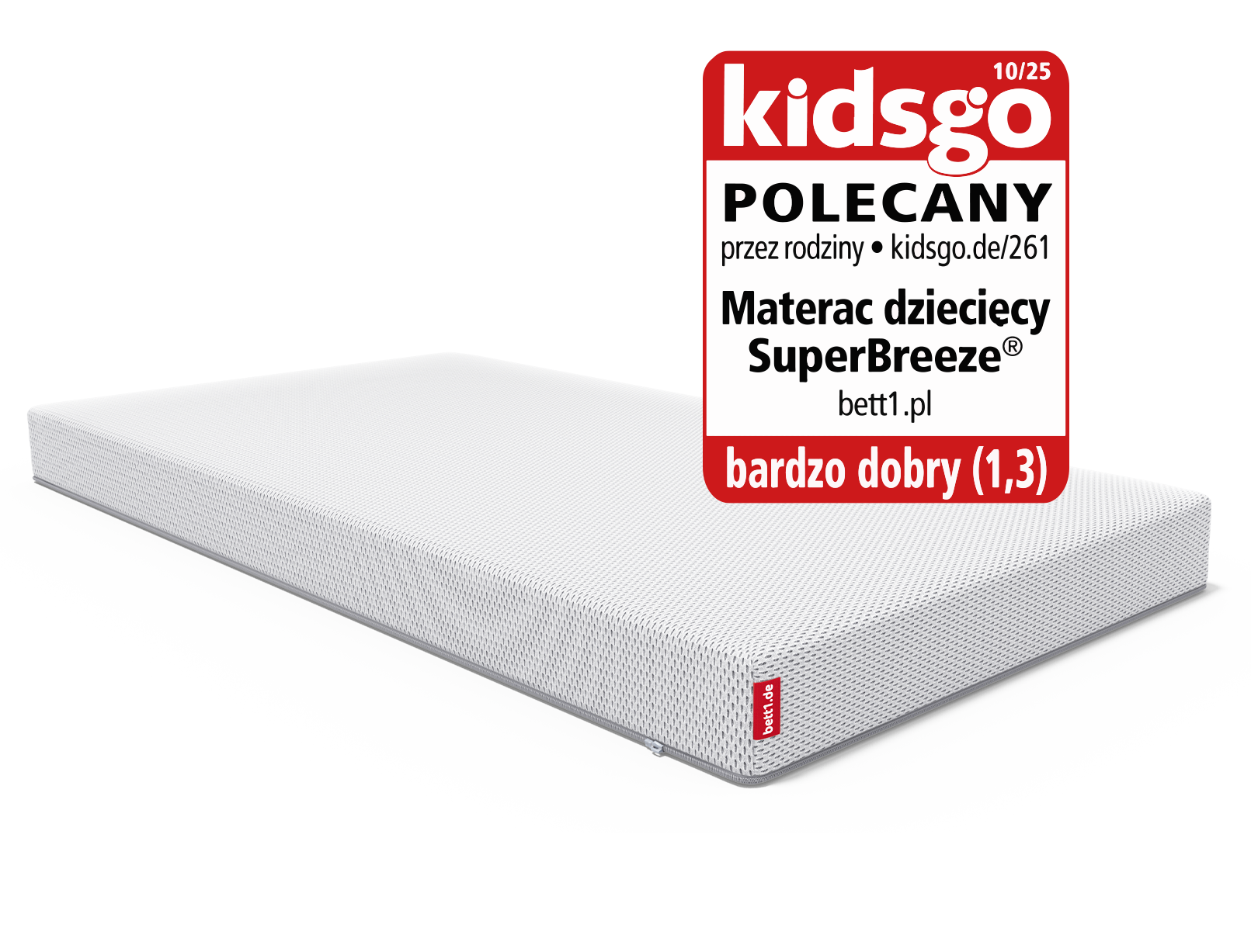 Materac dziecięcy Superbreeze z logo KidsGo i oceną "bardzo dobry".