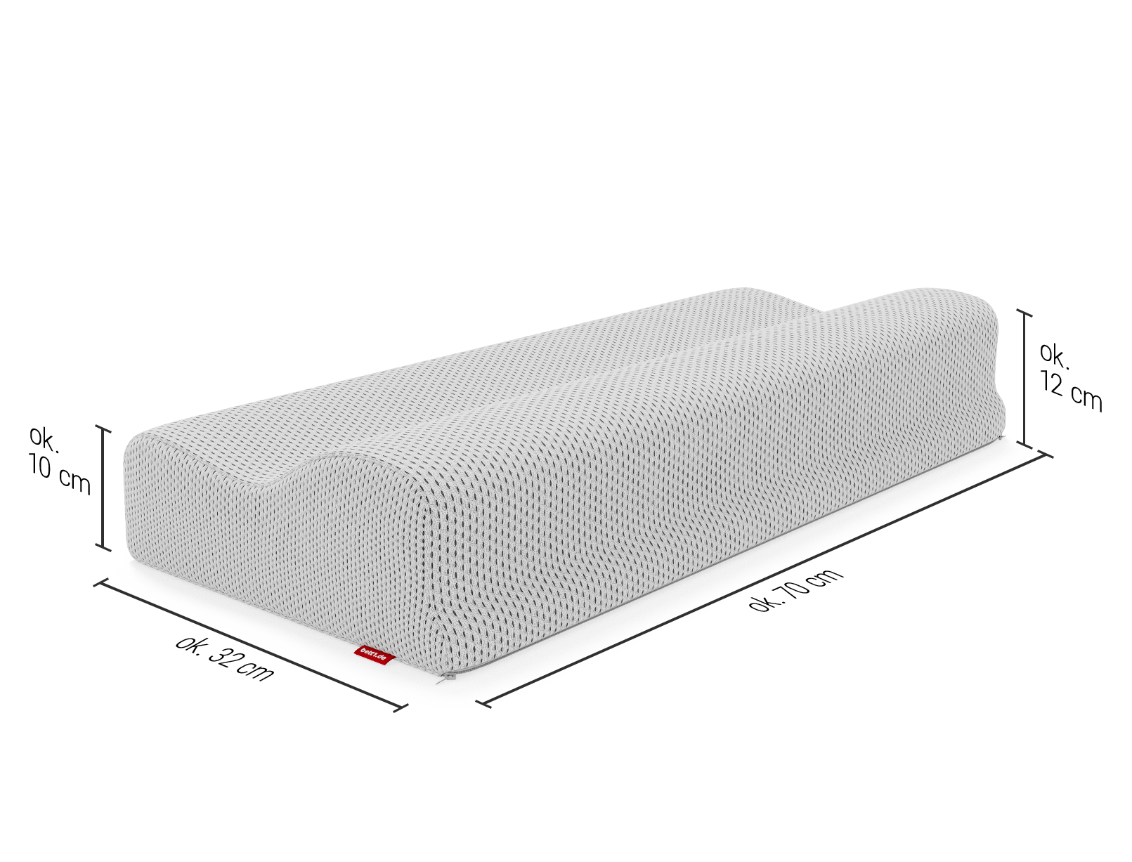 Poduszka ergonomiczna z ukazanymi wymiarami: Długość 70 cm, szerokość 32 cm, wysokość 10 cm oraz 12 cm, zależnie od strony.