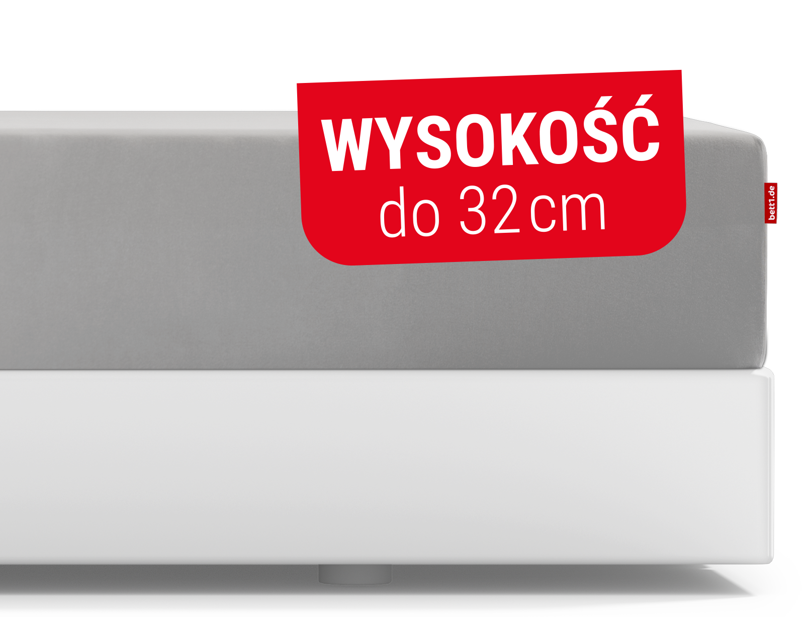 Fragment łóżka z materacemi nałożonym prześcieradłem. Tekst: wysokość do 32 cm.