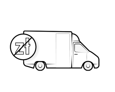 Samochód ciężarowy z przekreślonym symbolem złotówki symbolizujący darmową dostawę.