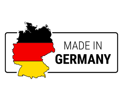 Logo Made in Germany z konturami Niemiec w kolorach niemieckiej flagi.