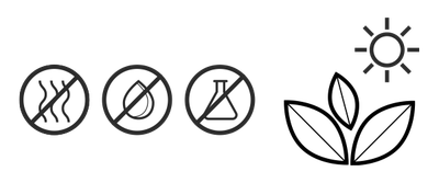 Przekreślone symbole substancji trujących. Obok symbol rośliny oraz słońce. Grafika wskazuje na fakt, że pokrowiec Hybreeze jest nieszkodliwy dla środowiska.
